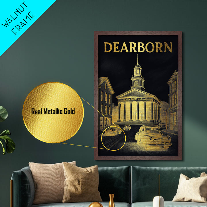 Dearborn Michigan art, Metallic Gold Art, Modern House Art, Metal Art, Wood Framed Art, Graduation Travel Gift, Travel Gift