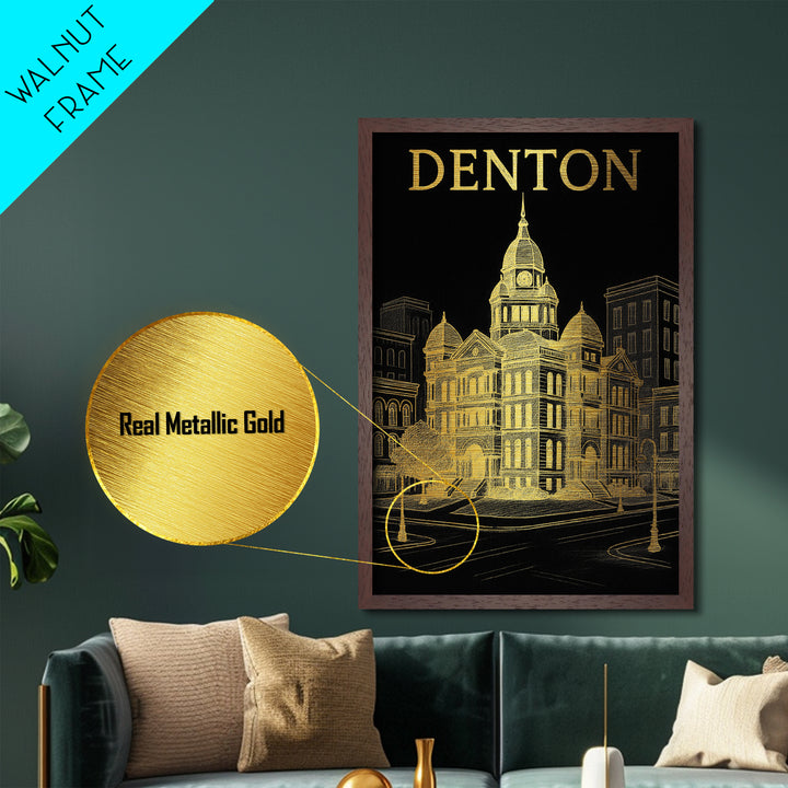 Denton Texas travel, Metallic Gold Print, College Dorm Décor, Metal Art, Wood Framed Art, Graduation Travel Gift, Traveler Gift