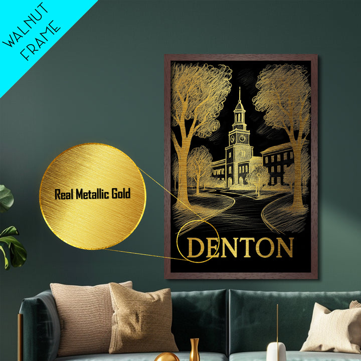 Denton Texas art, Metallic Gold Art, Best Friend Gifts, Metal Art, Wood Framed Art, Birthday Travel Gift, Destination Gift