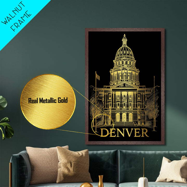 Denver Colorado art, Metallic Gold Art, Housewarming Gift, Metal Art, Wood Framed Art, Newlywed Travel Gift, Honeymoon Gift