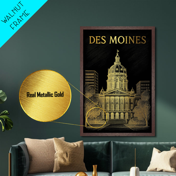 Des Moines Iowa travel, Metallic Gold Print, Closing Gift, Metal Art, Wood Framed Art, Anniversary Travel Gift, Retirement Travel Gift