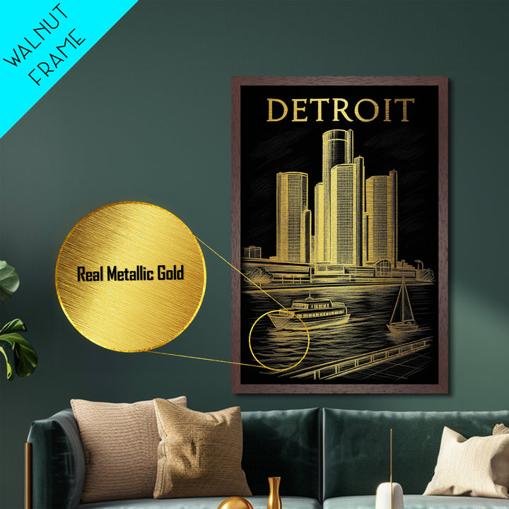 Detroit Michigan travel, Metallic Gold Print, Modern House Art, Metal Art, Wood Framed Art, Wanderlust Gift, Travel Art Prints