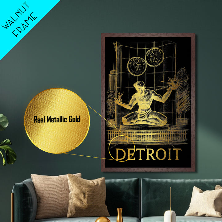Detroit Michigan art, Metallic Gold Art, Travel Art Prints, Metal Art, Wood Framed Art, Adventure Lover Gift, Traveler Gift