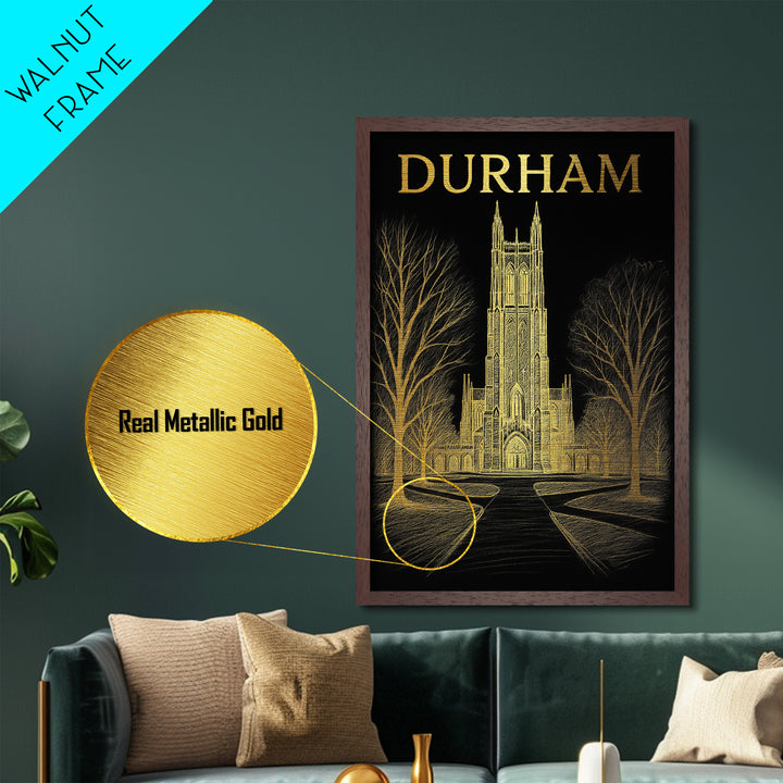 Durham North Carolina travel, Metallic Gold Print, College Dorm Décor, Metal Art, Wood Framed Art, Graduation Travel Gift, Traveler Gift