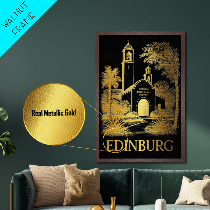 Edinburg Texas art, Metallic Gold Art, Housewarming Gift, Metal Art, Wood Framed Art, Newlywed Travel Gift, Honeymoon Gift