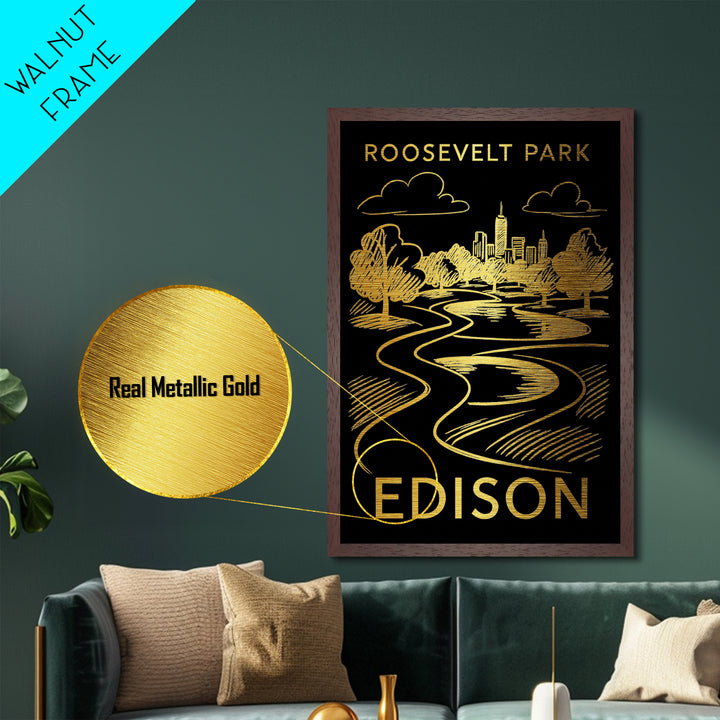 Edison New Jersey art, Metallic Gold Art, Office Decor, Metal Art, Wood Framed Art, Graduation Travel Gift, Destination Gift