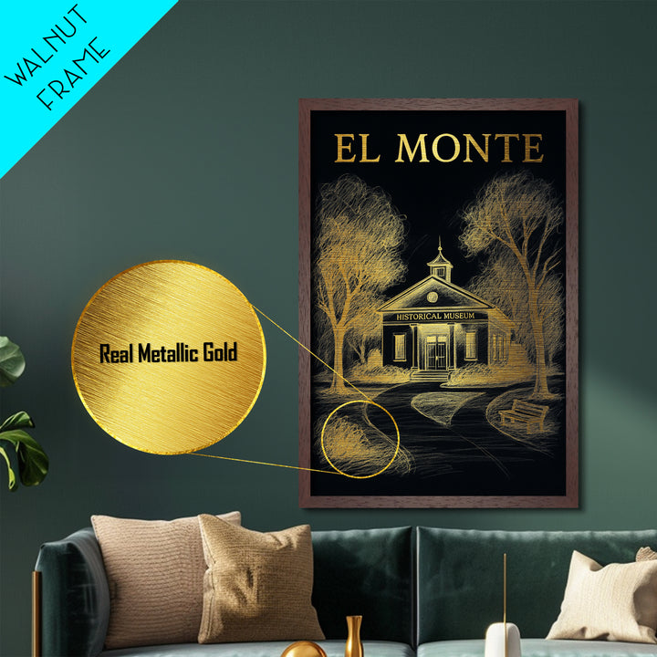 El Monte California travel, Metallic Gold Print, Closing Gift, Metal Art, Wood Framed Art, Anniversary Travel Gift, Retirement Travel Gift