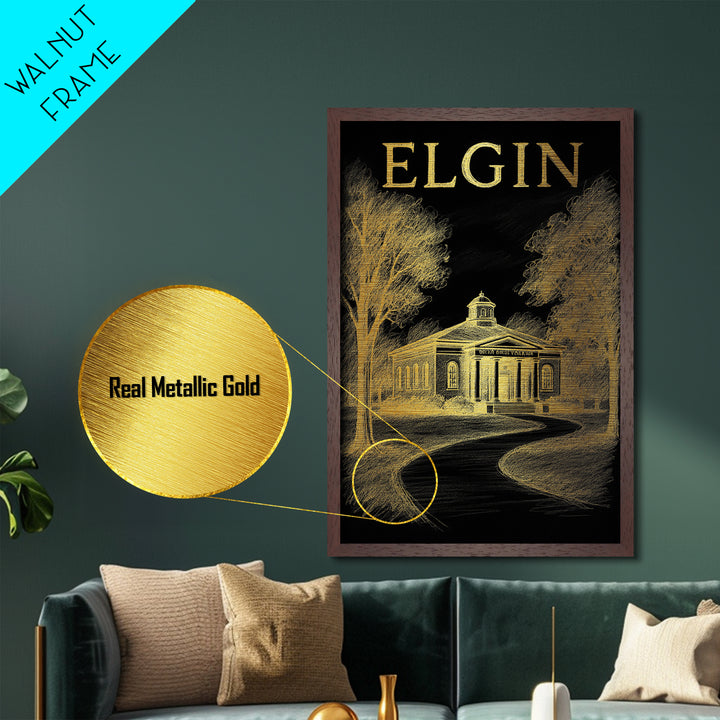 Elgin Illinois travel, Metallic Gold Print, Modern House Art, Metal Art, Wood Framed Art, Traveler Gift, Destination Gift