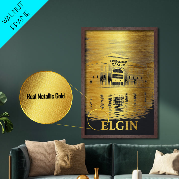 Elgin Illinois art, Metallic Gold Art, Modern House Art, Metal Art, Wood Framed Art, Graduation Travel Gift, Travel Gift