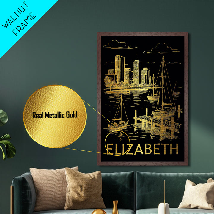 Elizabeth New Jersey art, Metallic Gold Art, Best Friend Gifts, Metal Art, Wood Framed Art, Birthday Travel Gift, Destination Gift