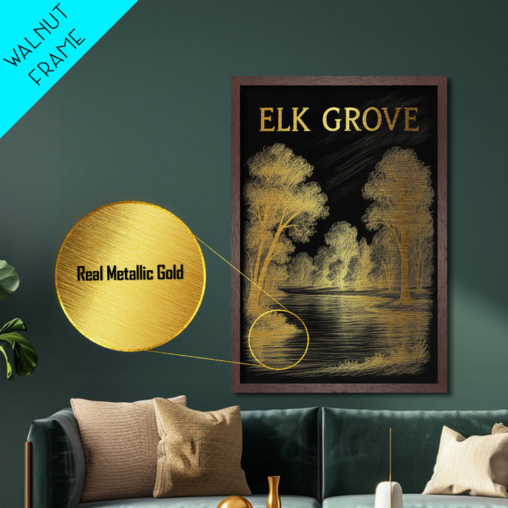 Elk Grove California travel, Metallic Gold Print, Modern Skyline Wall Print, Metal Art, Wood Framed Art, Adventure Lover Gift, Travel Gift