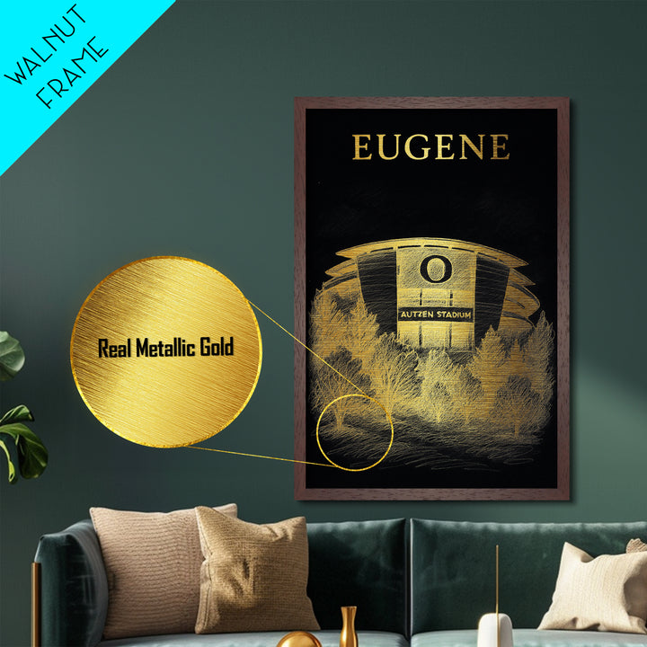 Eugene Oregon travel, Metallic Gold Print, College Dorm Décor, Metal Art, Wood Framed Art, Graduation Travel Gift, Traveler Gift