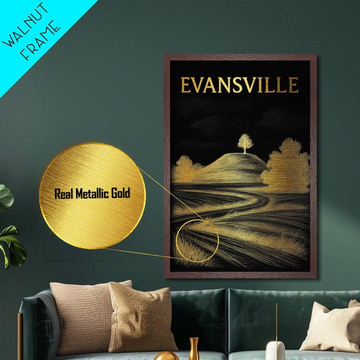 Evansville Indiana travel, Metallic Gold Print, Modern Skyline Wall Print, Metal Art, Wood Framed Art, Adventure Lover Gift, Travel Gift