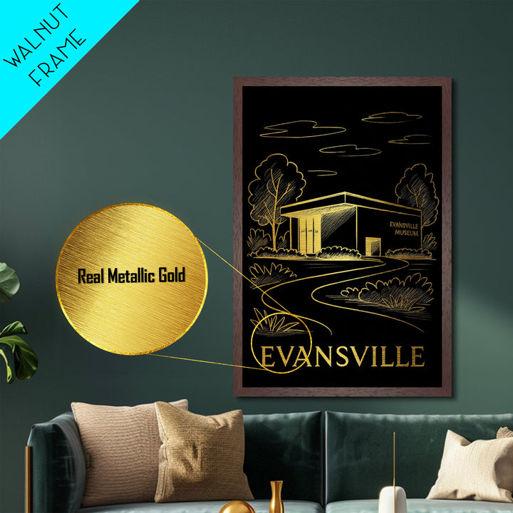 Evansville Indiana art, Metallic Gold Art, Housewarming Gift, Metal Art, Wood Framed Art, Newlywed Travel Gift, Honeymoon Gift