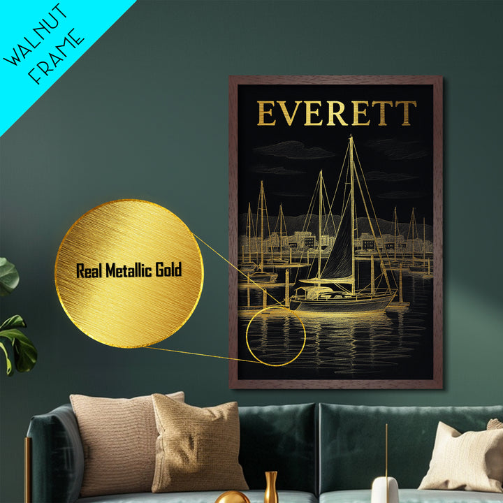 Everett Washington travel, Metallic Gold Print, Closing Gift, Metal Art, Wood Framed Art, Anniversary Travel Gift, Retirement Travel Gift
