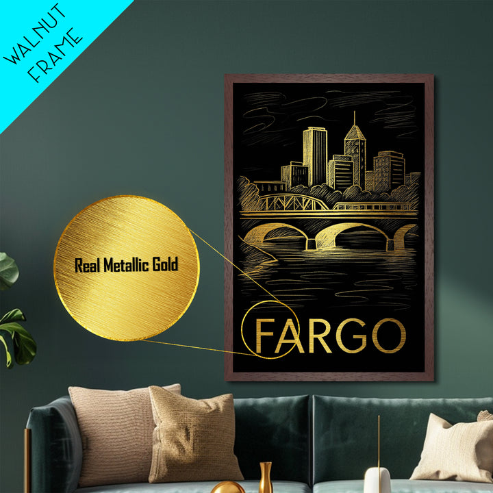 Fargo North Dakota art, Metallic Gold Art, Best Friend Gifts, Metal Art, Wood Framed Art, Birthday Travel Gift, Destination Gift