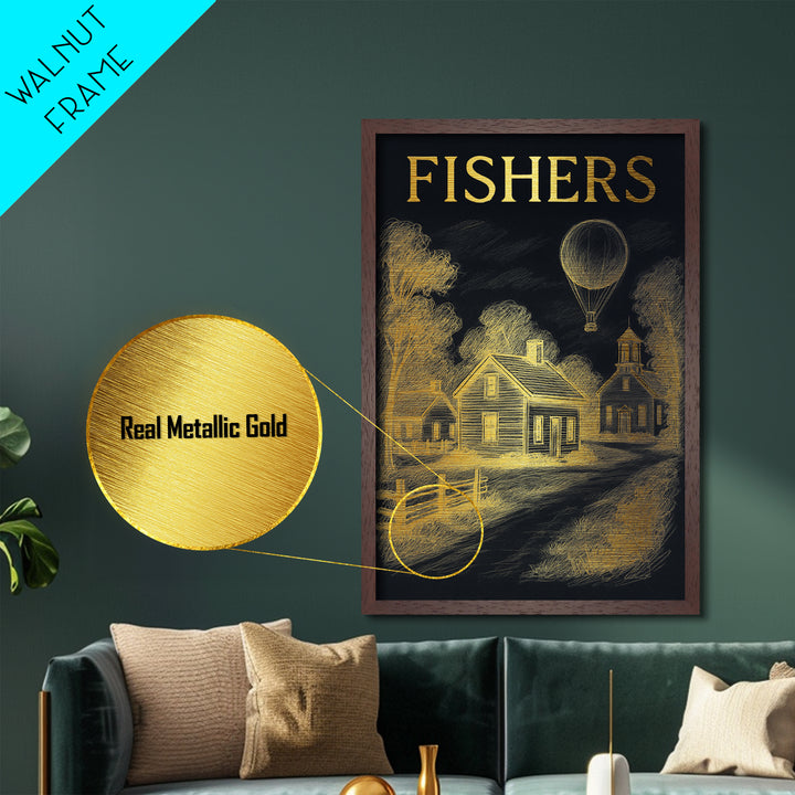 Fishers Indiana travel, Metallic Gold Print, Closing Gift, Metal Art, Wood Framed Art, Anniversary Travel Gift, Retirement Travel Gift