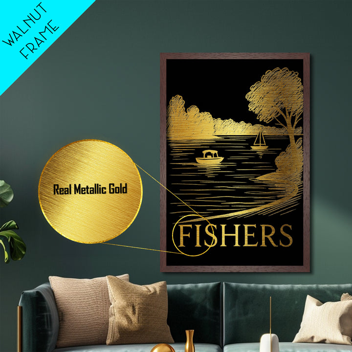 Fishers Indiana art, Metallic Gold Art, Office Decor, Metal Art, Wood Framed Art, Graduation Travel Gift, Destination Gift