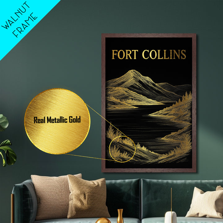 Fort Collins Colorado travel, Metallic Gold Print, Modern House Art, Metal Art, Wood Framed Art, Traveler Gift, Destination Gift