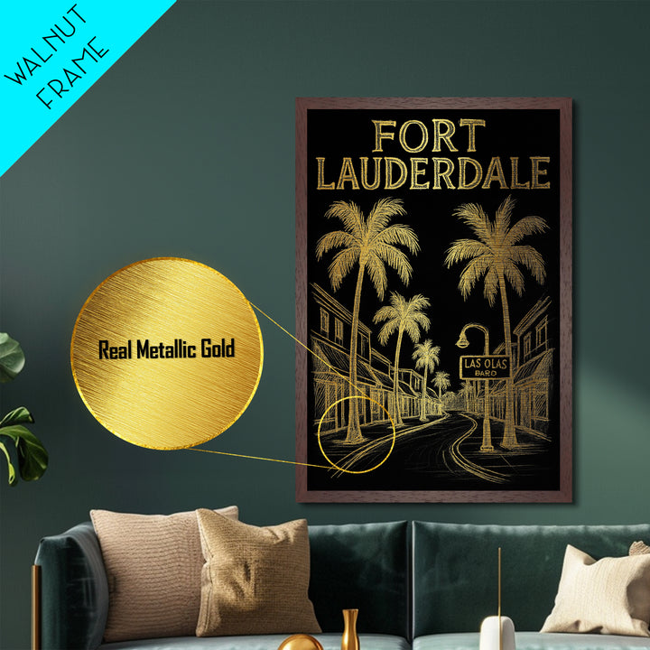 Fort Lauderdale Florida travel, Metallic Gold Print, College Dorm Décor, Metal Art, Wood Framed Art, Graduation Travel Gift