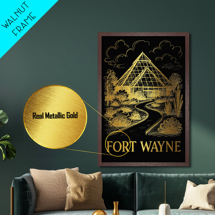 Fort Wayne Indiana art, Metallic Gold Art, Housewarming Gift, Metal Art, Wood Framed Art, Newlywed Travel Gift