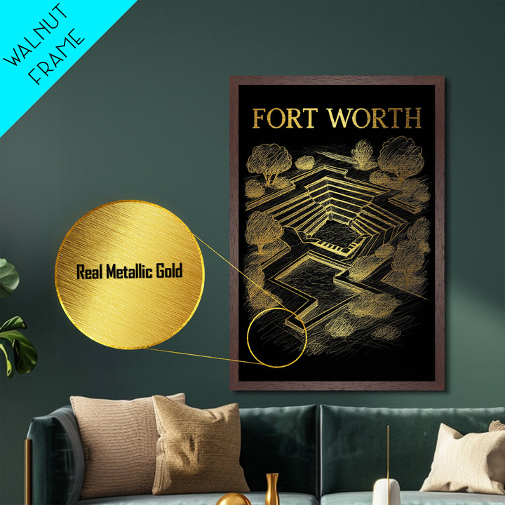 Fort Worth Texas travel, Metallic Gold Print, Closing Gift, Metal Art, Wood Framed Art, Anniversary Travel Gift