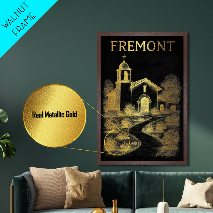 Fremont California travel, Metallic Gold Print, Modern House Art, Metal Art, Wood Framed Art, Wanderlust Gift