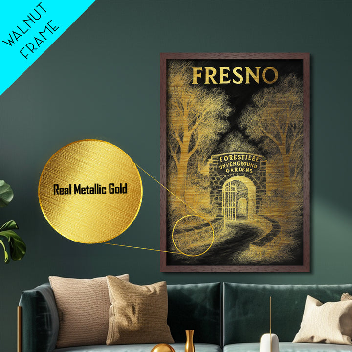 Fresno California travel, Metallic Gold Print, Modern House Art, Metal Art, Wood Framed Art, Traveler Gift