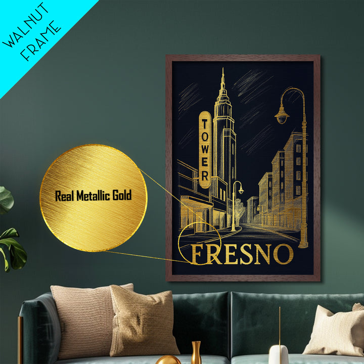 Fresno California art, Metallic Gold Art, Modern House Art, Metal Art, Wood Framed Art, Graduation Travel Gift