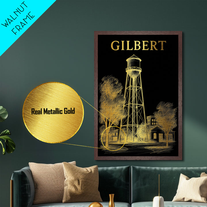 Gilbert Arizona travel, Metallic Gold Print, College Dorm Décor, Metal Art, Wood Framed Art, Graduation Travel Gift