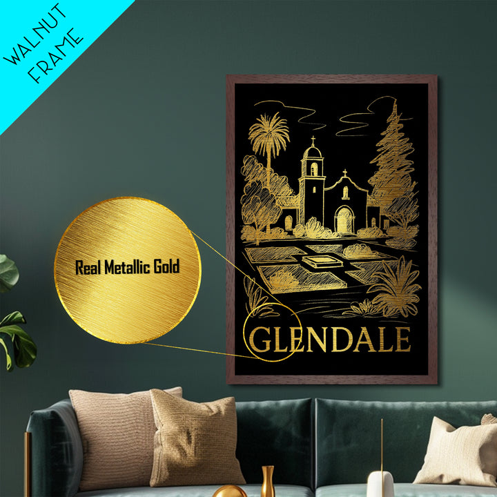 Glendale California travel, Metallic Gold Print, Closing Gift, Metal Art, Wood Framed Art, Anniversary Travel Gift