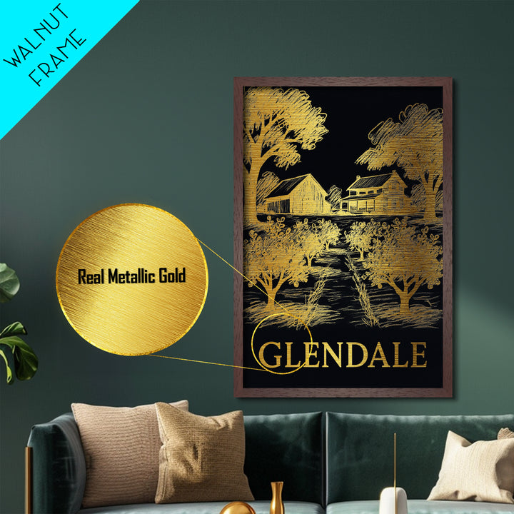 Glendale California art, Metallic Gold Art, Office Decor, Metal Art, Wood Framed Art, Graduation Travel Gift