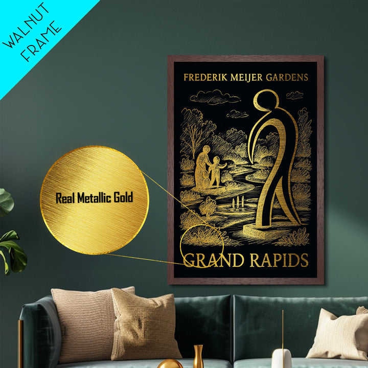 Grand Rapids Michigan art, Metallic Gold Art, Office Decor, Metal Art, Wood Framed Art, Graduation Travel Gift