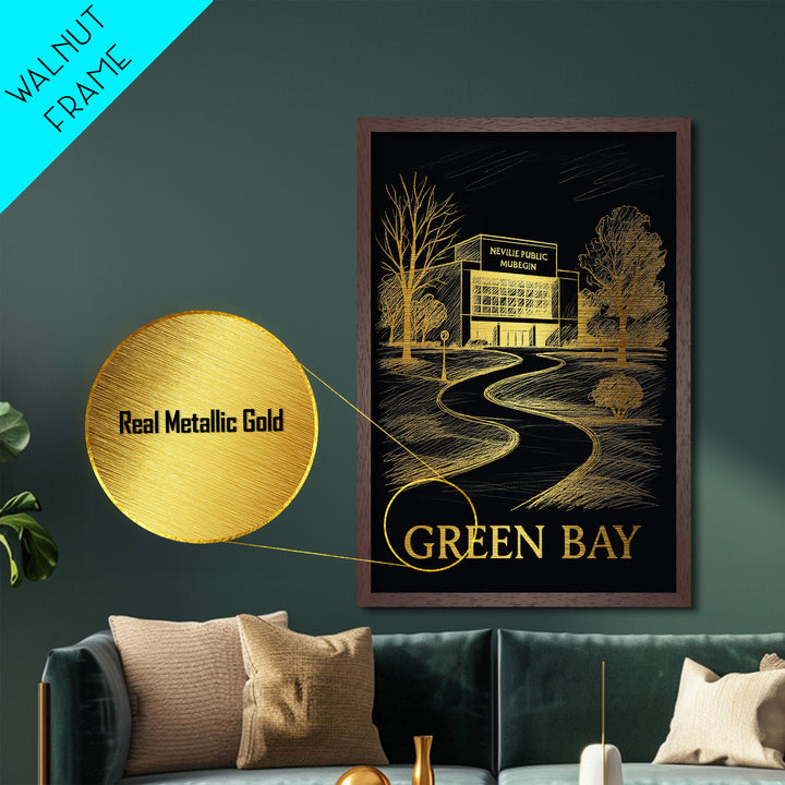 Green Bay Wisconsin art, Metallic Gold Art, Modern House Art, Metal Art, Wood Framed Art, Graduation Travel Gift