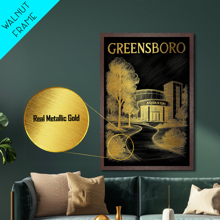 Greensboro North Carolina travel, Metallic Gold Print, College Dorm Décor, Metal Art, Wood Framed Art, Graduation Travel Gift