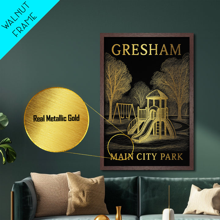 Gresham Oregon travel, Metallic Gold Print, Modern Skyline Wall Print, Metal Art, Wood Framed Art, Adventure Lover Gift, Travel Gift