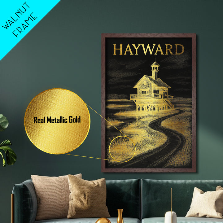 Hayward California travel, Metallic Gold Print, Modern House Art, Metal Art, Wood Framed Art, Traveler Gift, Destination Gift