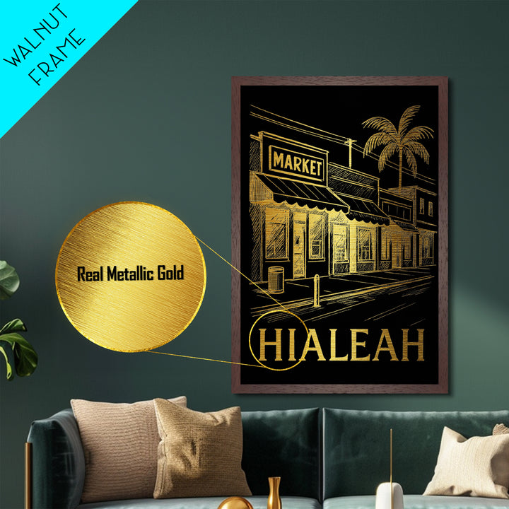 Hialeah Florida art, Metallic Gold Art, Office Decor, Metal Art, Wood Framed Art, Graduation Travel Gift, Destination Gift