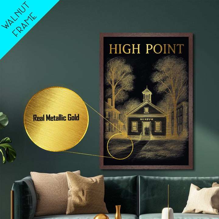 High Point North Carolina travel, Metallic Gold Print, Modern House Art, Metal Art, Wood Framed Art, Wanderlust Gift, Travel Art Prints