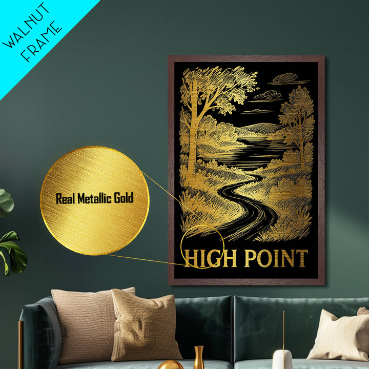 High Point North Carolina art, Metallic Gold Art, Travel Art Prints, Metal Art, Wood Framed Art, Adventure Lover Gift, Traveler Gift