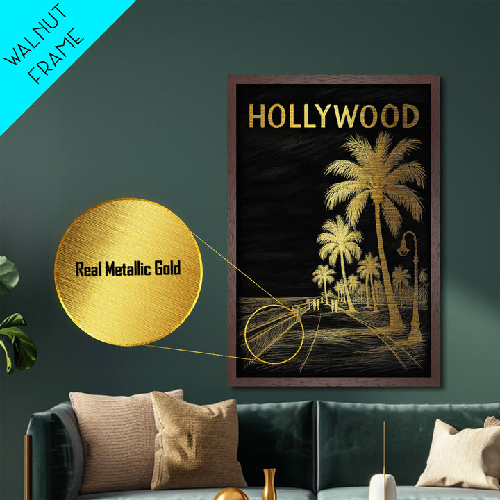 Hollywood Florida travel, Metallic Gold Print, College Dorm Décor, Metal Art, Wood Framed Art, Graduation Travel Gift, Traveler Gift
