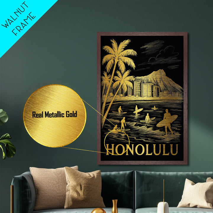 Honolulu Hawaii art, Metallic Gold Art, Housewarming Gift, Metal Art, Wood Framed Art, Newlywed Travel Gift, Honeymoon Gift