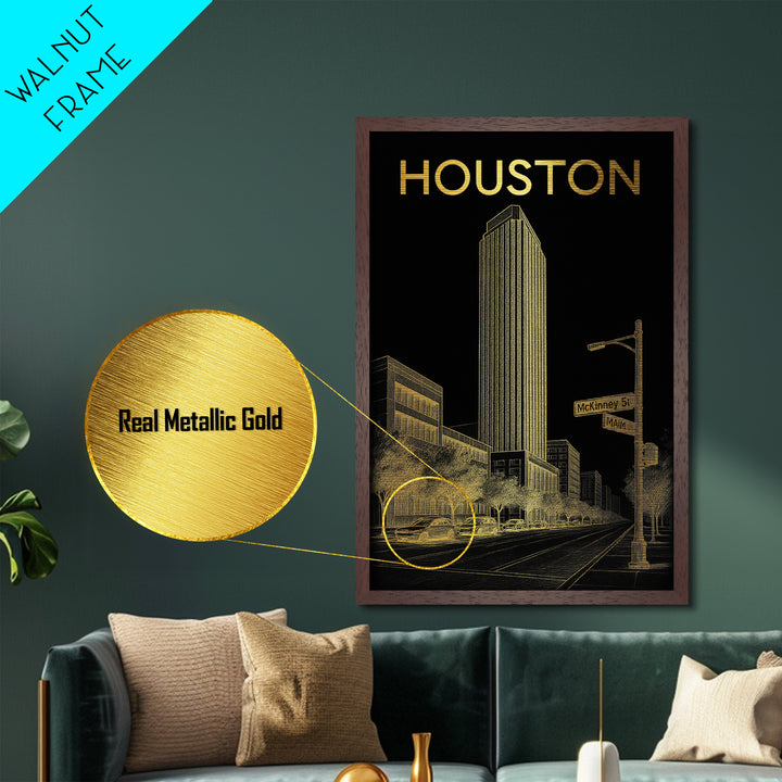 Houston Texas art, Metallic Gold Art, Office Decor, Metal Art, Wood Framed Art, Graduation Travel Gift, Destination Gift