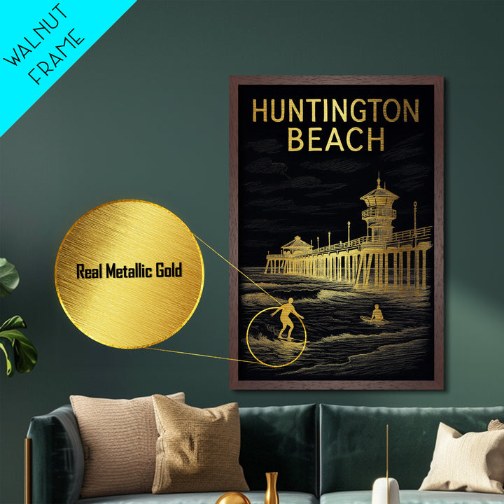 Huntington Beach California travel, Metallic Gold Print, Modern House Art, Metal Art, Wood Framed Art, Wanderlust Gift, Travel Art Prints