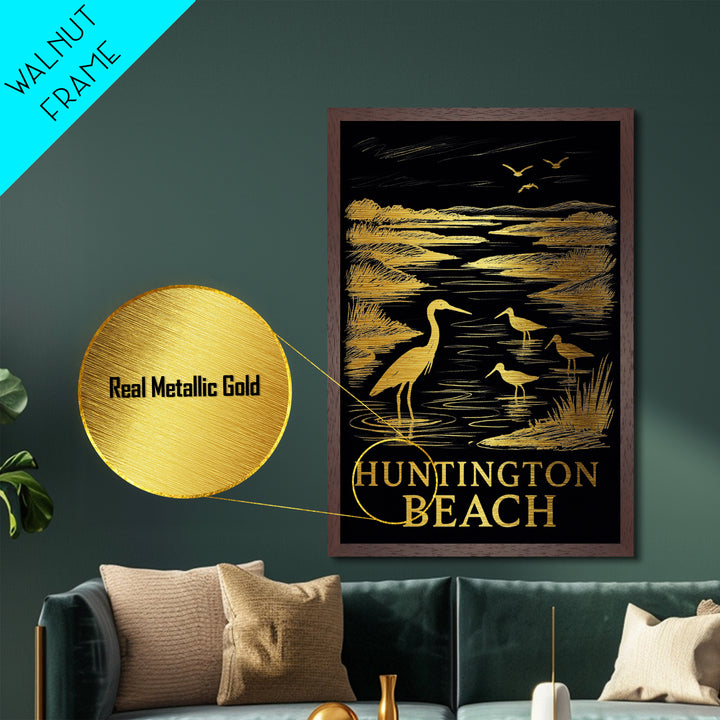 Huntington Beach California art, Metallic Gold Art, Travel Art Prints, Metal Art, Wood Framed Art, Adventure Lover Gift, Traveler Gift