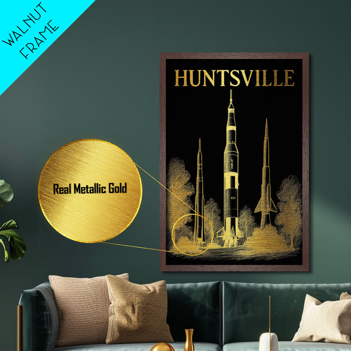 Huntsville Alabama travel, Metallic Gold Print, Modern House Art, Metal Art, Wood Framed Art, Traveler Gift, Destination Gift