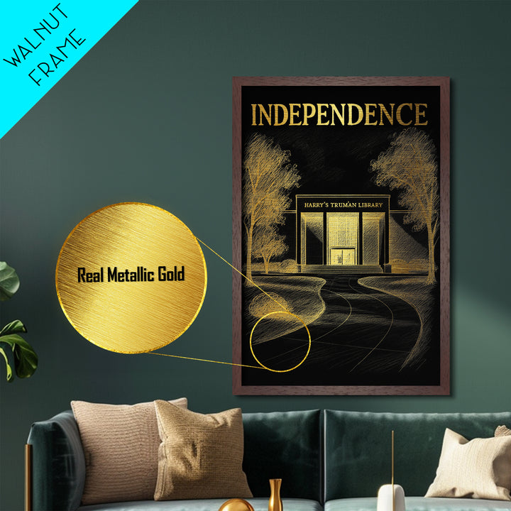 Independence Missouri travel, Metallic Gold Print, College Dorm Décor, Metal Art, Wood Framed Art, Graduation Travel Gift, Traveler Gift