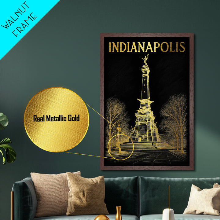 Indianapolis Indiana travel, Metallic Gold Print, Modern House Art, Metal Art, Wood Framed Art, Wanderlust Gift, Travel Art Prints