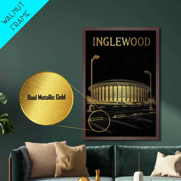 Inglewood California travel, Metallic Gold Print, Modern House Art, Metal Art, Wood Framed Art, Traveler Gift, Destination Gift