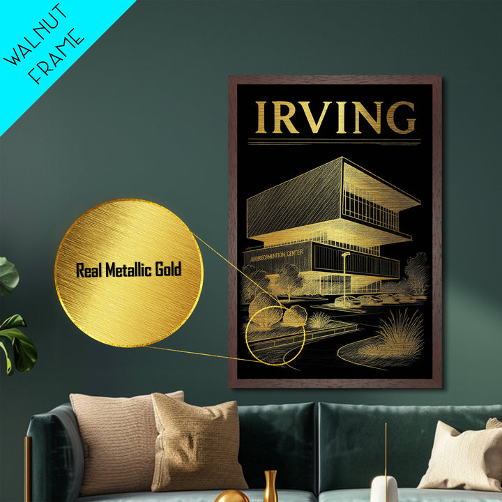 Irving Texas travel, Metallic Gold Print, Modern Skyline Wall Print, Metal Art, Wood Framed Art, Adventure Lover Gift, Travel Gift